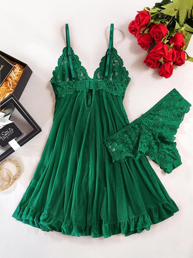 Red Lace V-Neck Nightdress Lingerie Set with Matching Panties