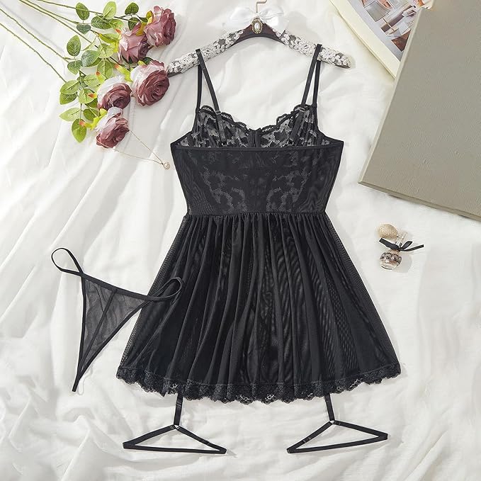 3-Piece Hot Babydoll Lingerie Set with Garter Belt