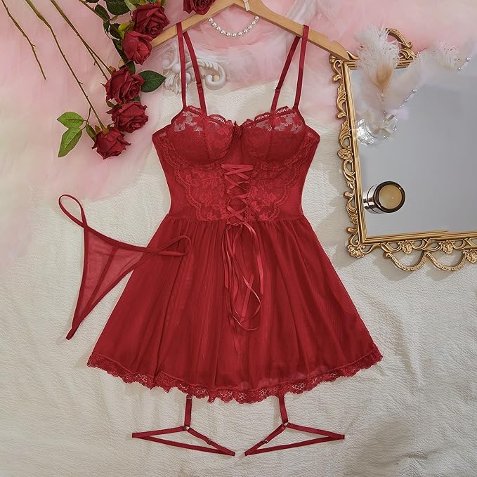 3-Piece Hot Babydoll Lingerie Set with Garter Belt