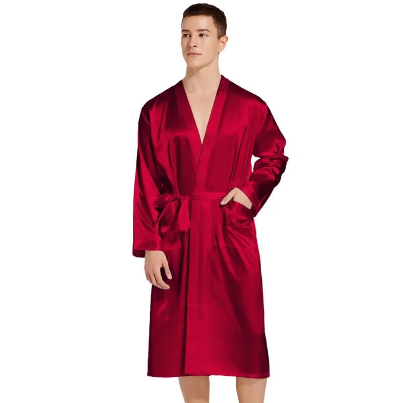 Men's Long Black Satin Bridegroom Wedding Bathrobe