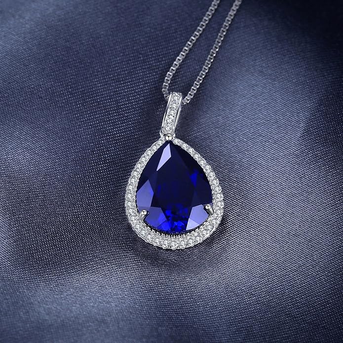 925 Sterling Silver Pear Cut Blue Sapphire Halo Necklace