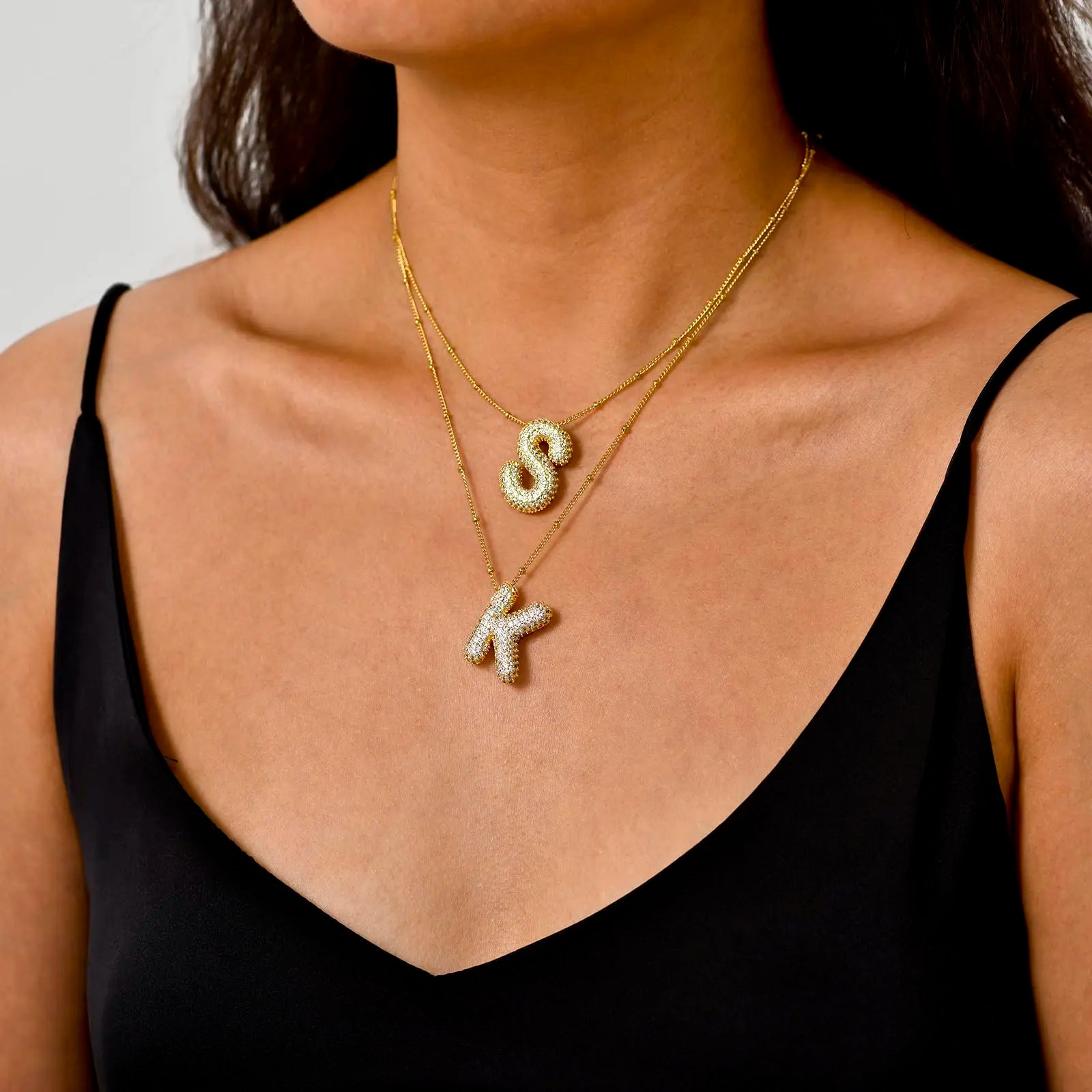 Gold-Style Plated Balloon Initial Zirconia Letter Pendant Necklace