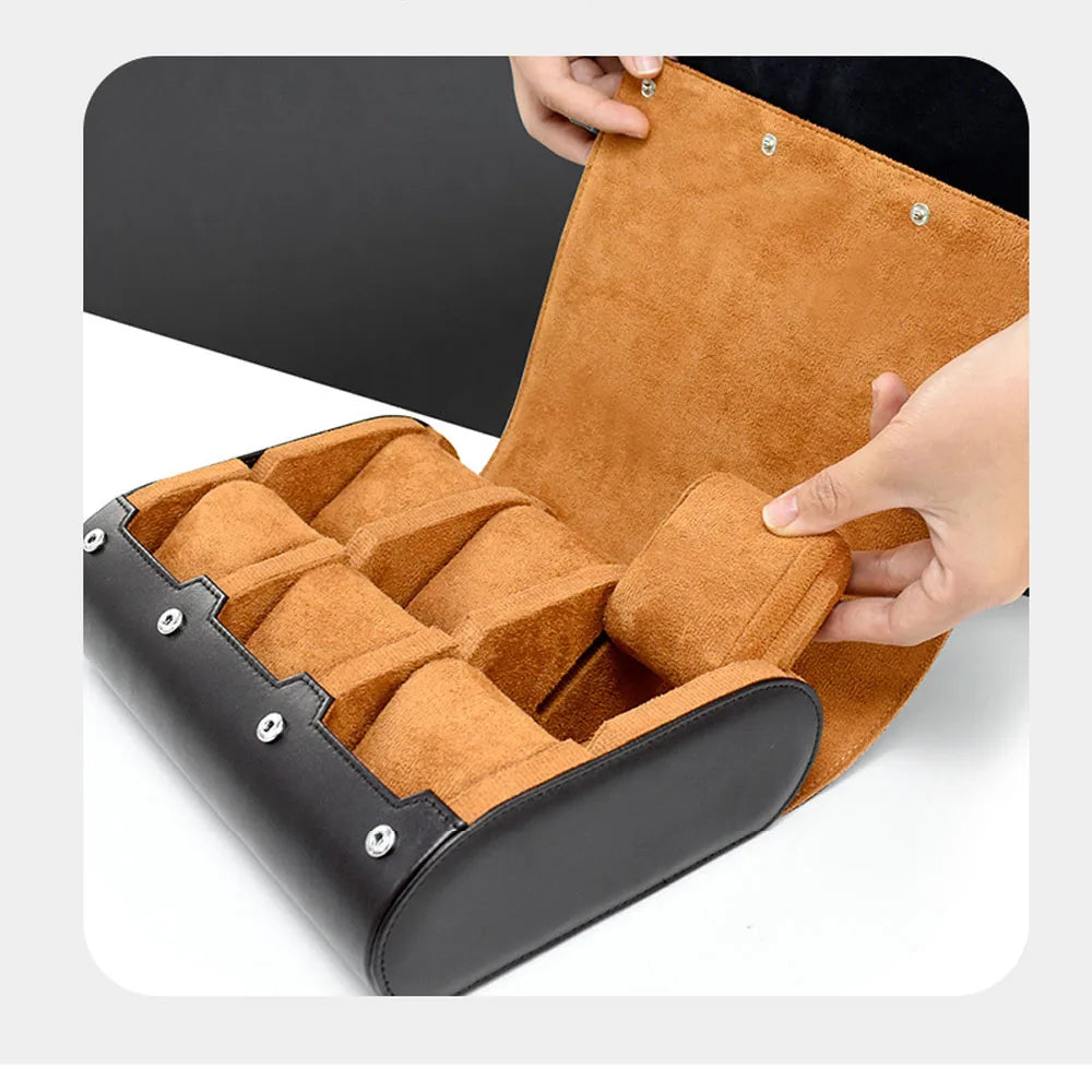 Premium 6-Slot Leather Watch Travel Case Roll Organiser