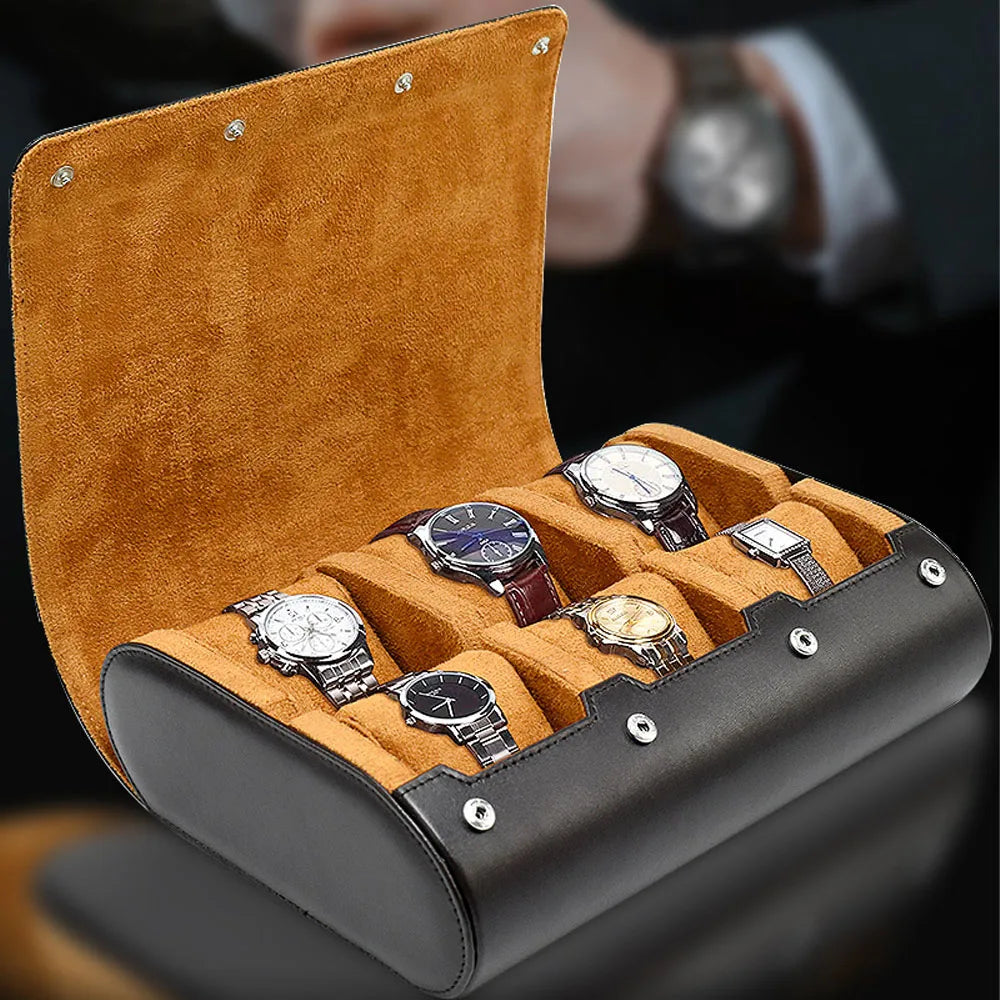 Premium 6-Slot Leather Watch Travel Case Roll Organiser