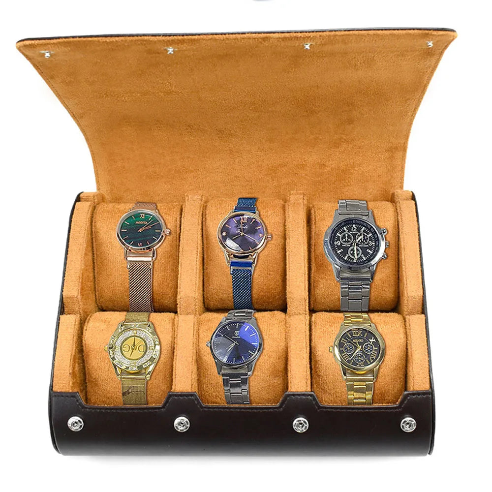 Premium 6-Slot Leather Watch Travel Case Roll Organiser