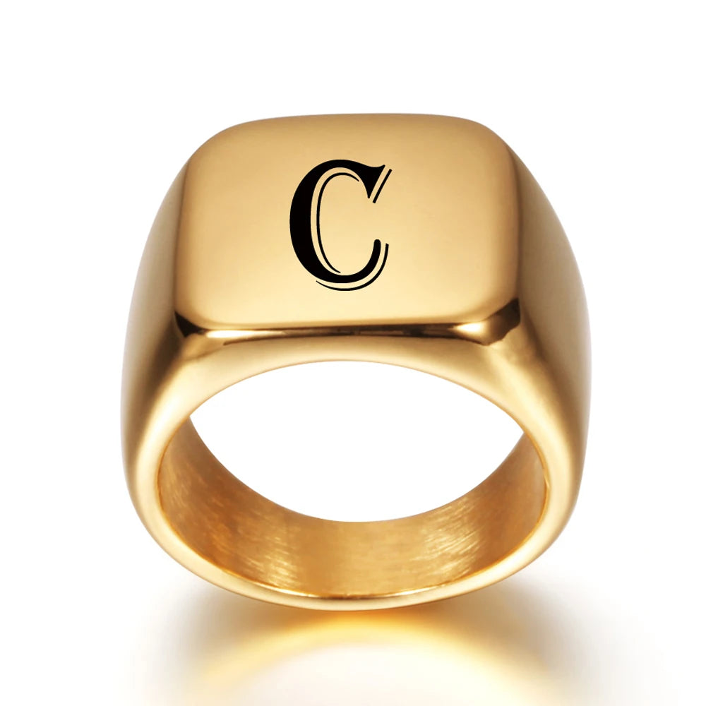 Personalised 18k Gold Style Initial Stainless Steel Signet Ring