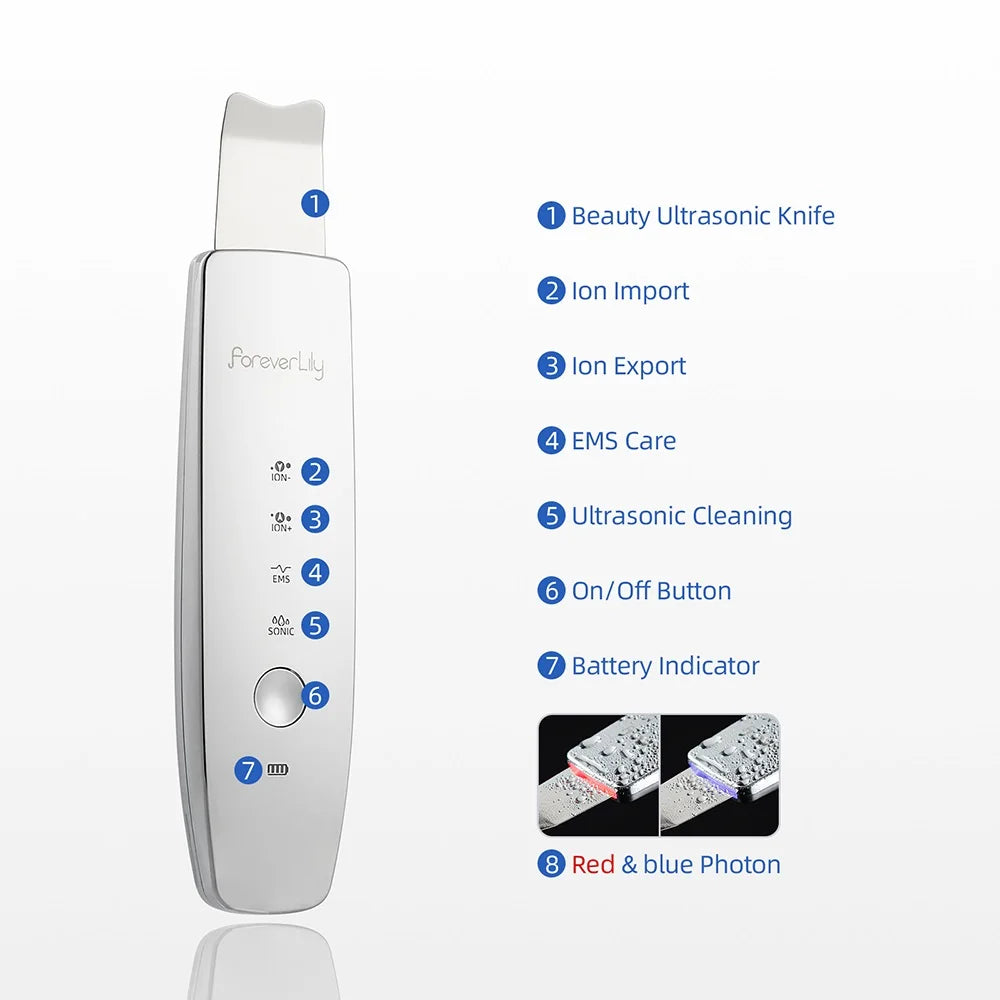 Ultrasound Facial Scrubber Shovel ION LED Light Face EMS Facial Peeling Pore Clean Removal Blackhead Cleansing Skin Care Tool