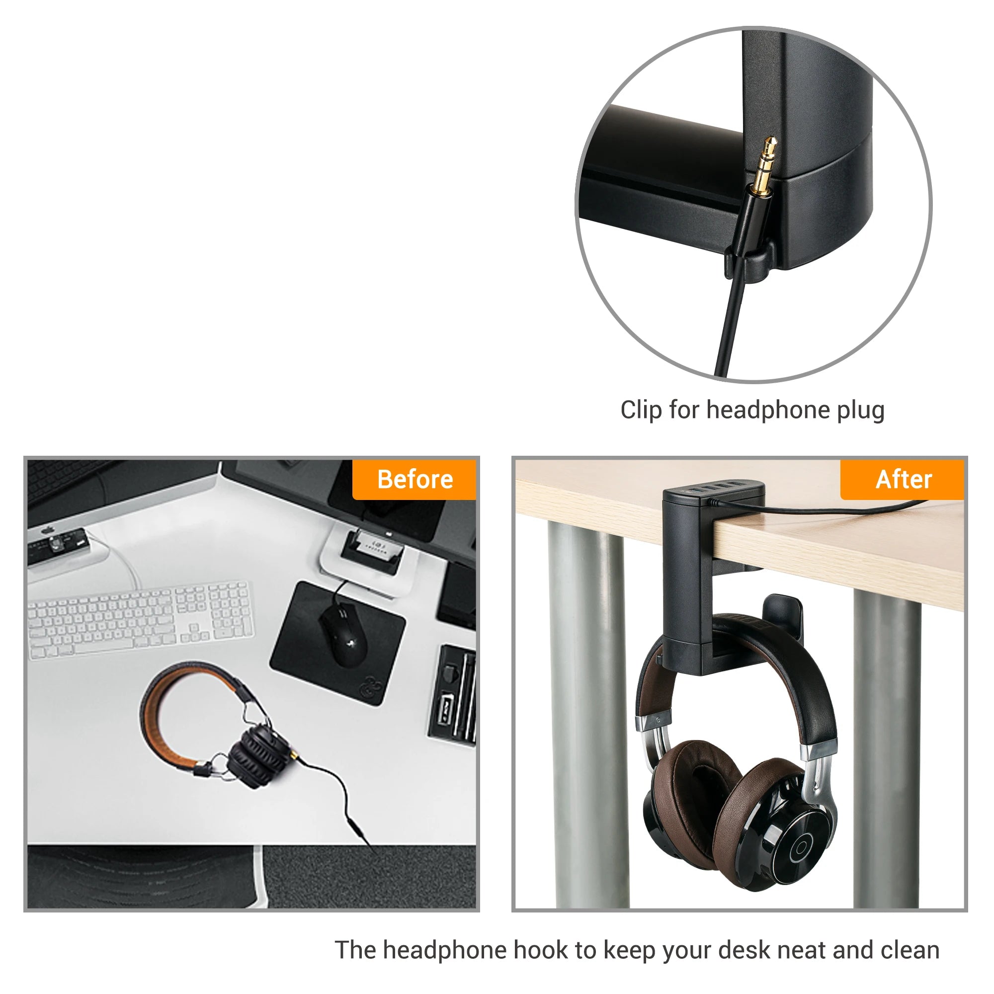Headphone Bracket Swivel Mounted PC Gaming Headset Stand Holder Under Desk Hanger Hook Earphones Display Stand With USB Ports