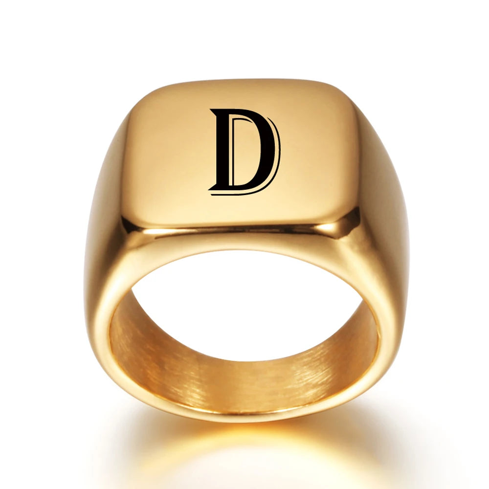 Personalised 18k Gold Style Initial Stainless Steel Signet Ring