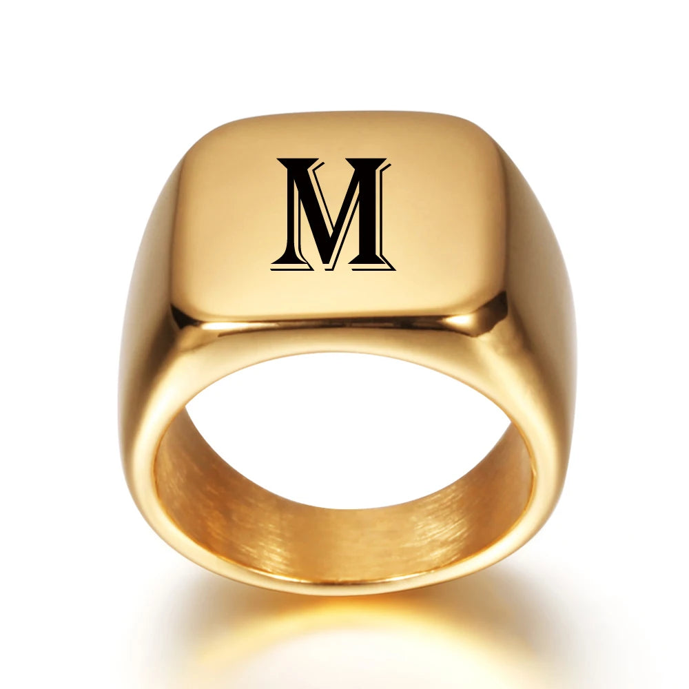 Personalised 18k Gold Style Initial Stainless Steel Signet Ring