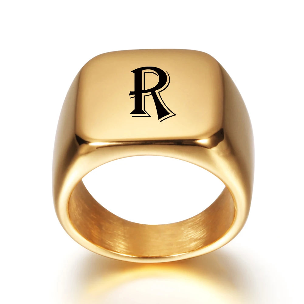 Personalised 18k Gold Style Initial Stainless Steel Signet Ring