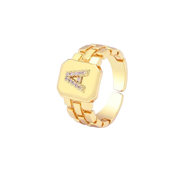 Adjustable 18k Gold Plated Initial Zirconia Letter Ring