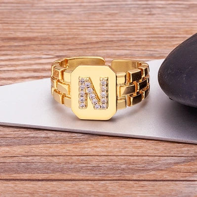 Adjustable 18k Gold Plated Initial Zirconia Letter Ring
