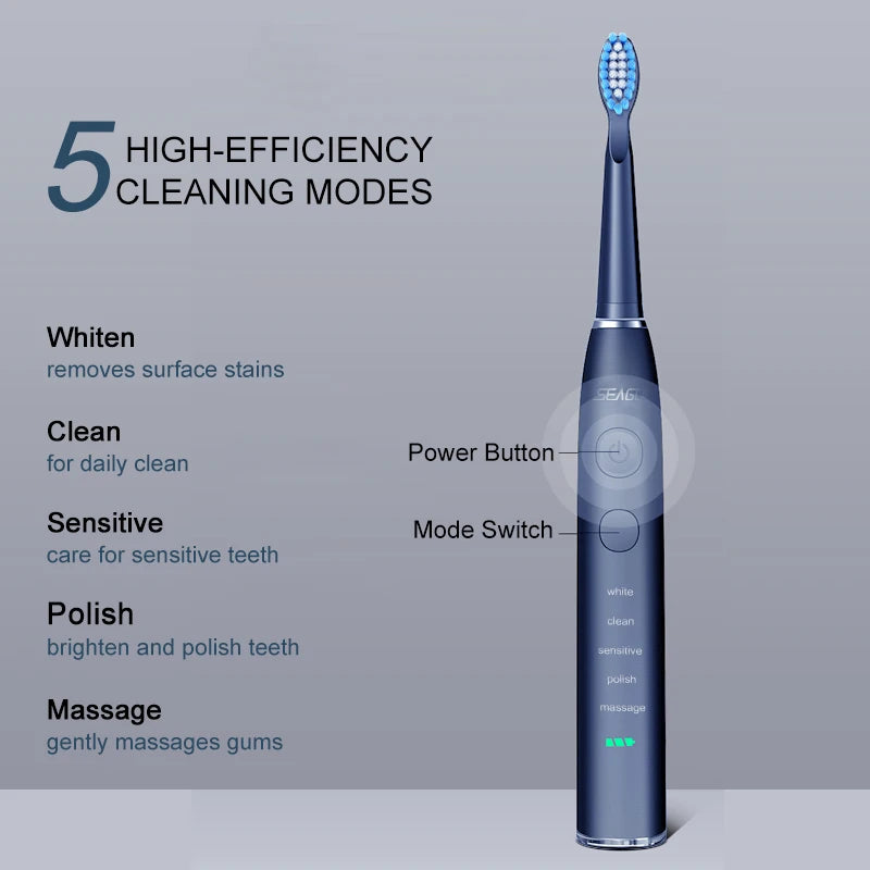 Seago Electric Toothbrush USB Rechargeable Adult 360 Days Long Battery Life IPX7 4 Replacement Heads Travel Box  SG-575
