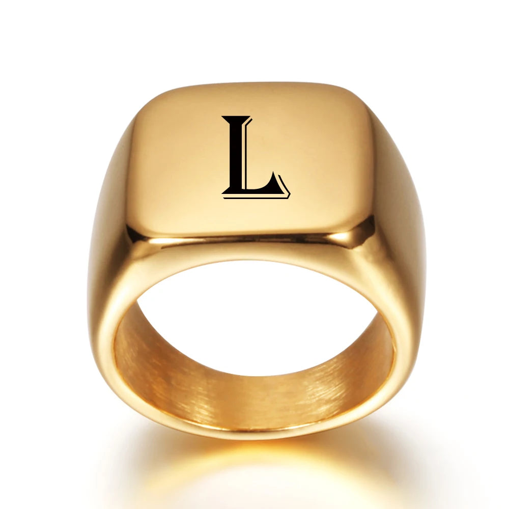 Personalised 18k Gold Style Initial Stainless Steel Signet Ring
