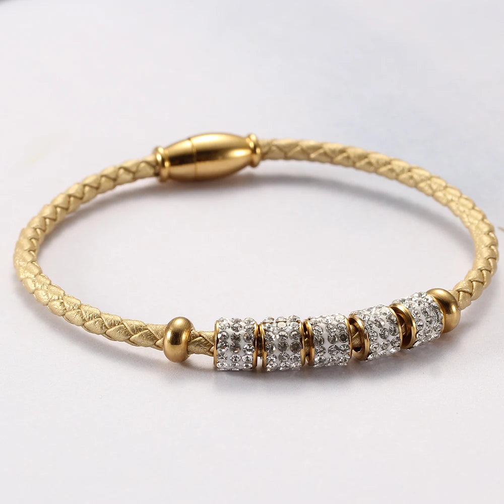 Leather Rope Stainless Steel Magnet Clasp Charm Bracelet Gold Silver