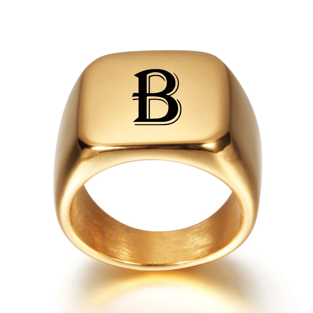 Personalised 18k Gold Style Initial Stainless Steel Signet Ring
