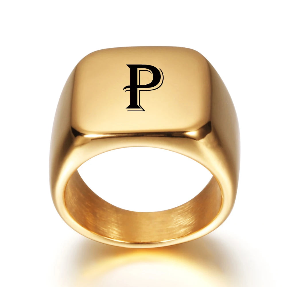 Personalised 18k Gold Style Initial Stainless Steel Signet Ring