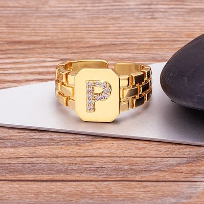 Adjustable 18k Gold Plated Initial Zirconia Letter Ring
