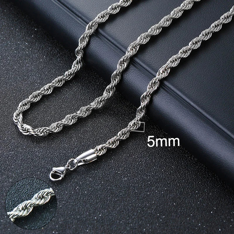 Stainless Steel Cuban Link and Rope Chain Necklace