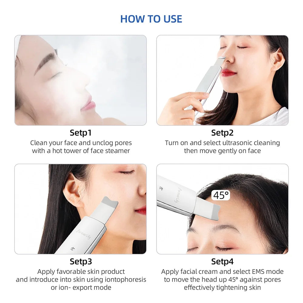 Ultrasound Facial Scrubber Shovel ION LED Light Face EMS Facial Peeling Pore Clean Removal Blackhead Cleansing Skin Care Tool