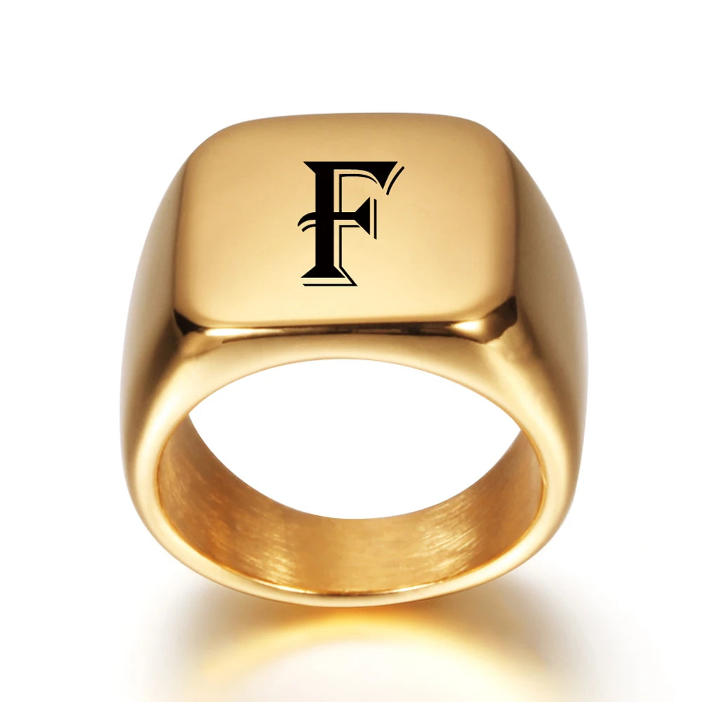 Personalised 18k Gold Style Initial Stainless Steel Signet Ring