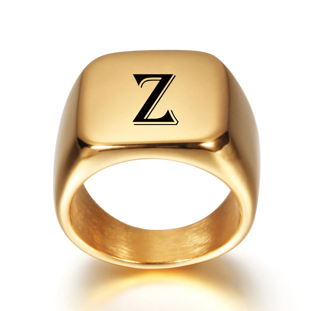 Personalised 18k Gold Style Initial Stainless Steel Signet Ring