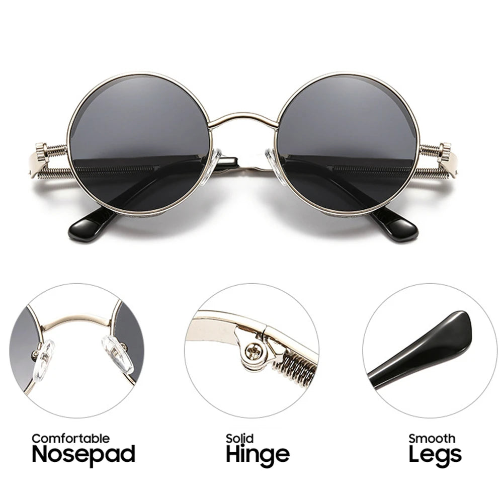 VIVIBEE Óculos de Sol Vintage Steampunk Vermelhos Homem Redondos Punk Liga de Metal Retro Óculos de Sol Mulher 2026 Óculos Estilo Gótico