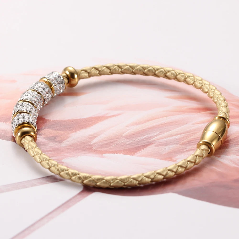 Leather Rope Stainless Steel Magnet Clasp Charm Bracelet Gold Silver
