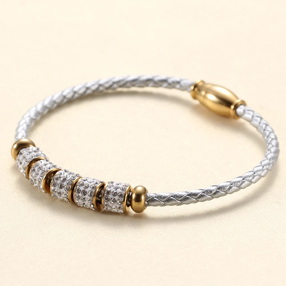 Leather Rope Stainless Steel Magnet Clasp Charm Bracelet Gold Silver