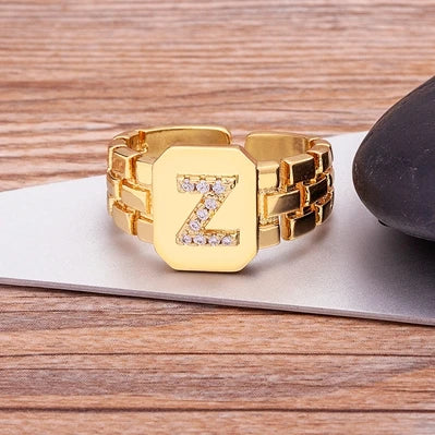 Adjustable 18k Gold Plated Initial Zirconia Letter Ring