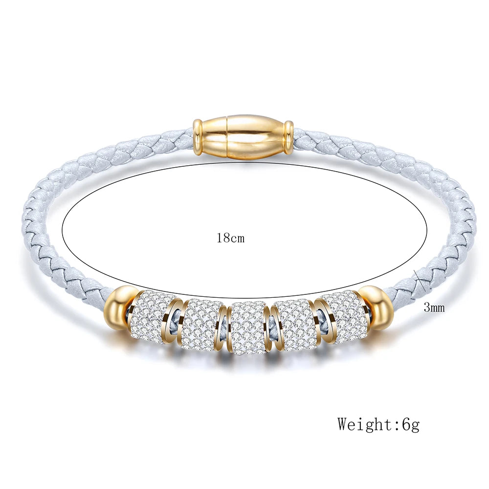 Leather Rope Stainless Steel Magnet Clasp Charm Bracelet Gold Silver