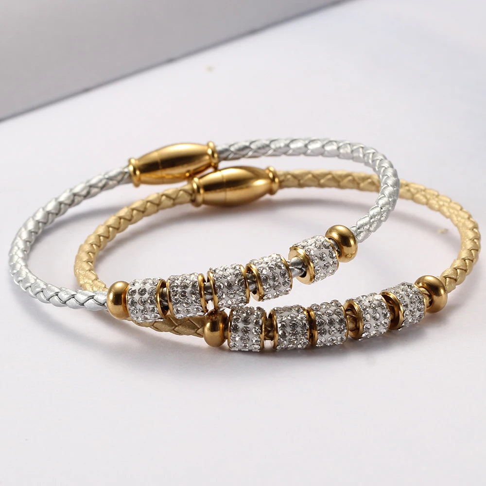Leather Rope Stainless Steel Magnet Clasp Charm Bracelet Gold Silver
