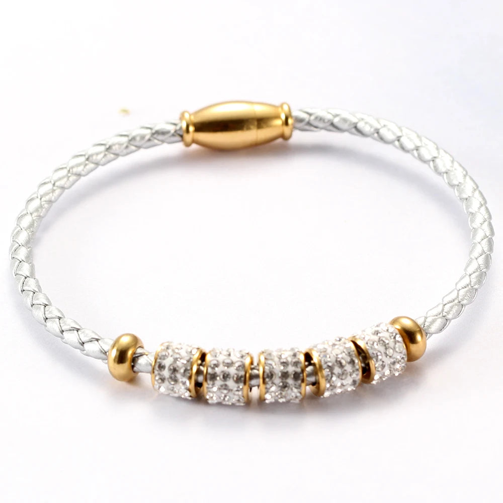 Leather Rope Stainless Steel Magnet Clasp Charm Bracelet Gold Silver
