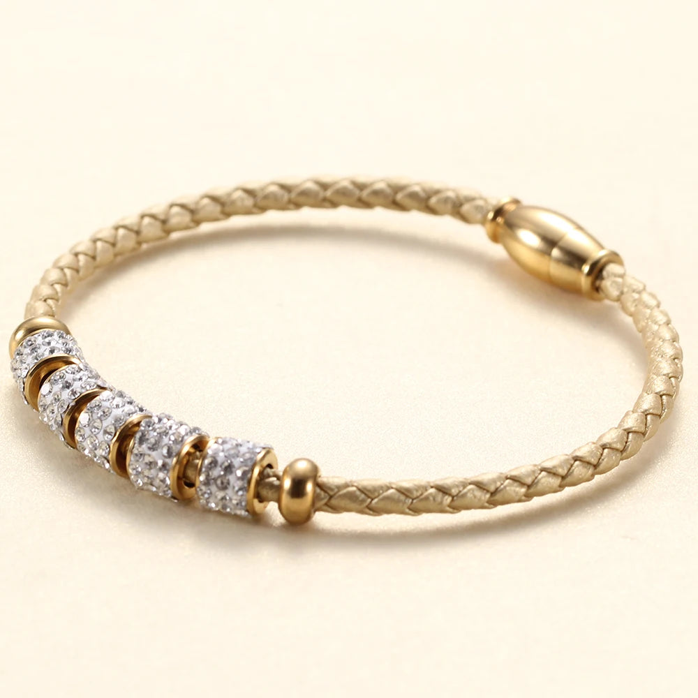 Leather Rope Stainless Steel Magnet Clasp Charm Bracelet Gold Silver