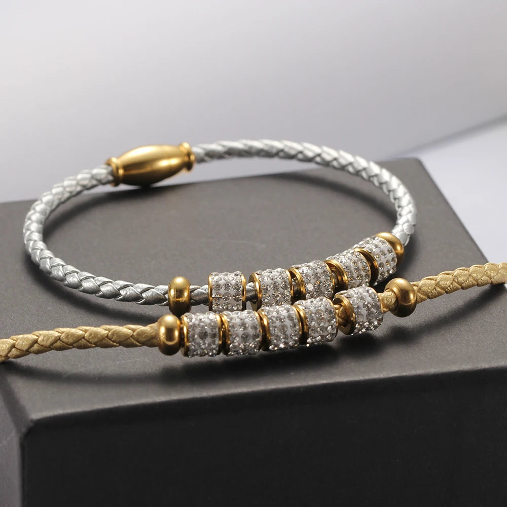 Leather Rope Stainless Steel Magnet Clasp Charm Bracelet Gold Silver