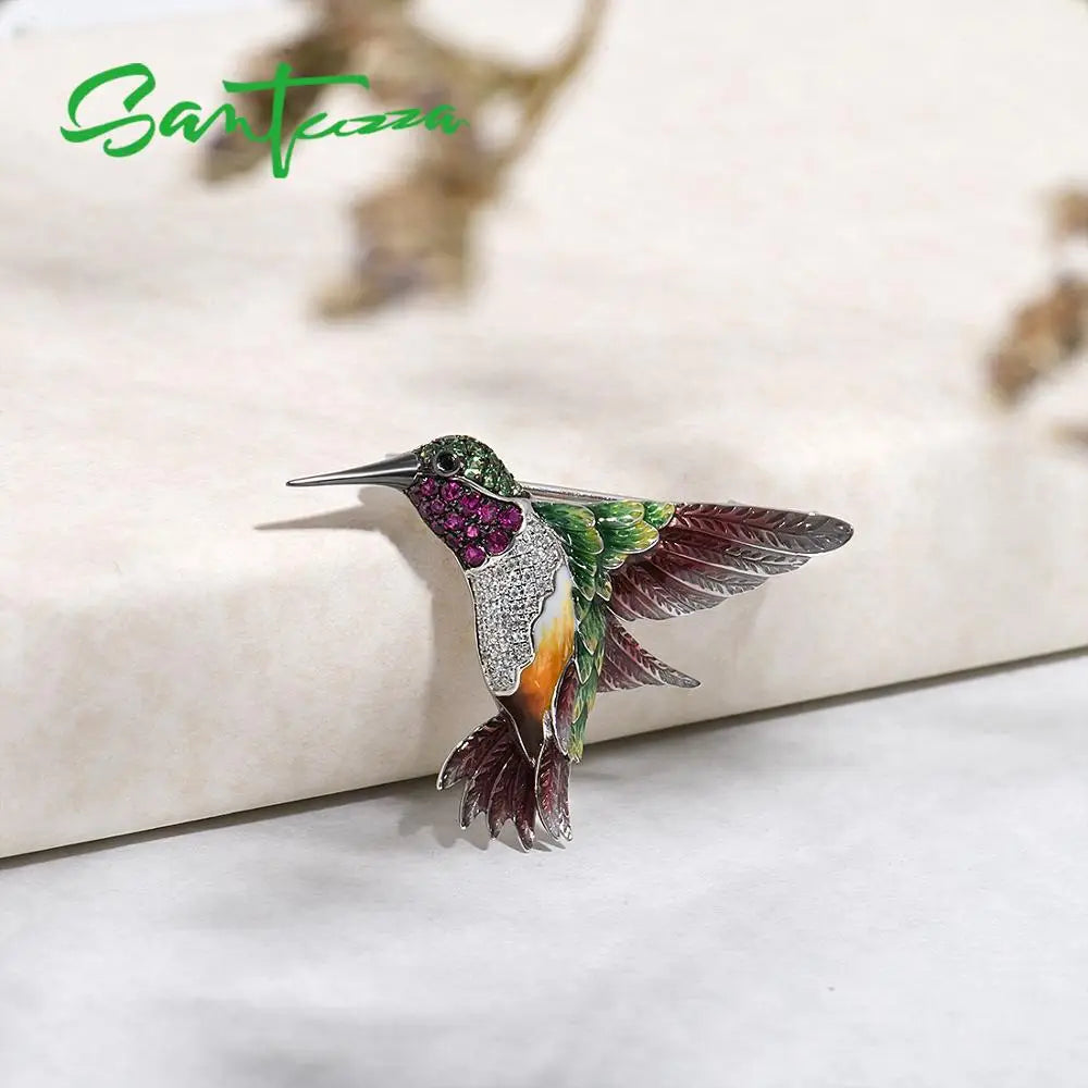 925 Sterling Silver Enamel Hummingbird Brooch