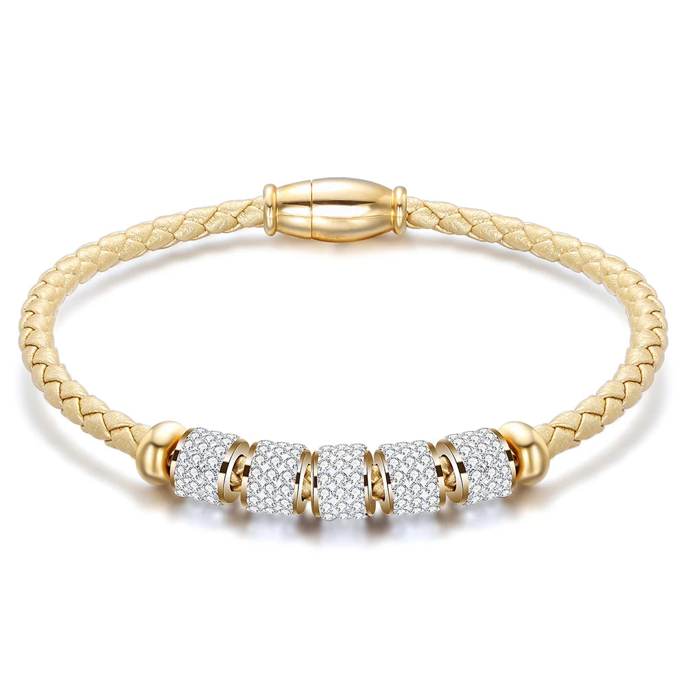 Leather Rope Stainless Steel Magnet Clasp Charm Bracelet Gold Silver