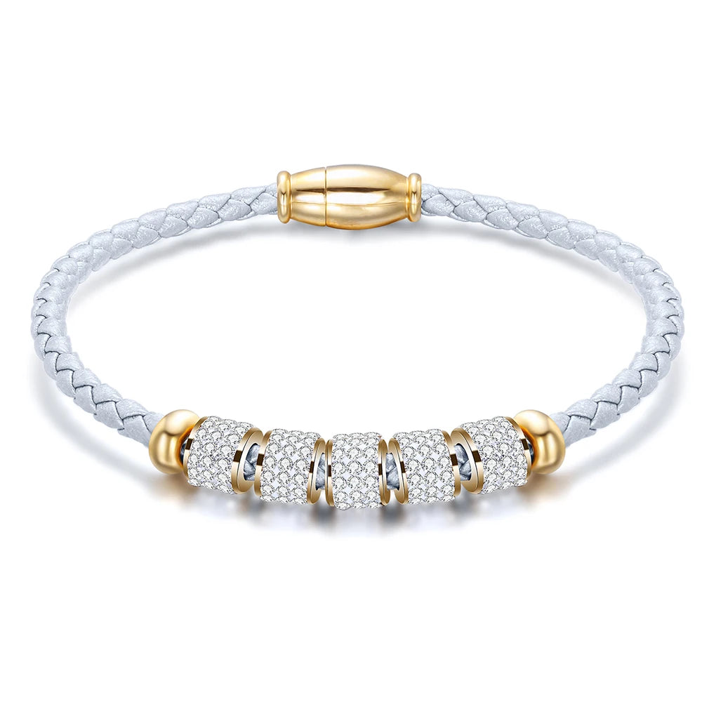 Leather Rope Stainless Steel Magnet Clasp Charm Bracelet Gold Silver