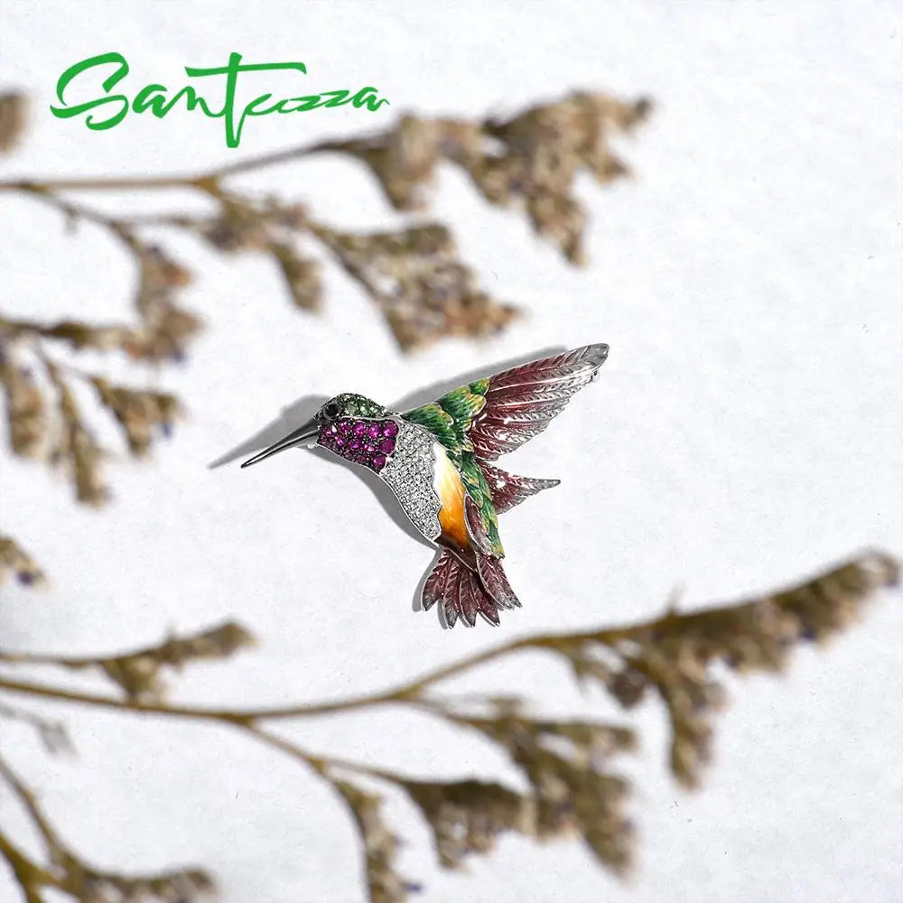 925 Sterling Silver Enamel Hummingbird Brooch