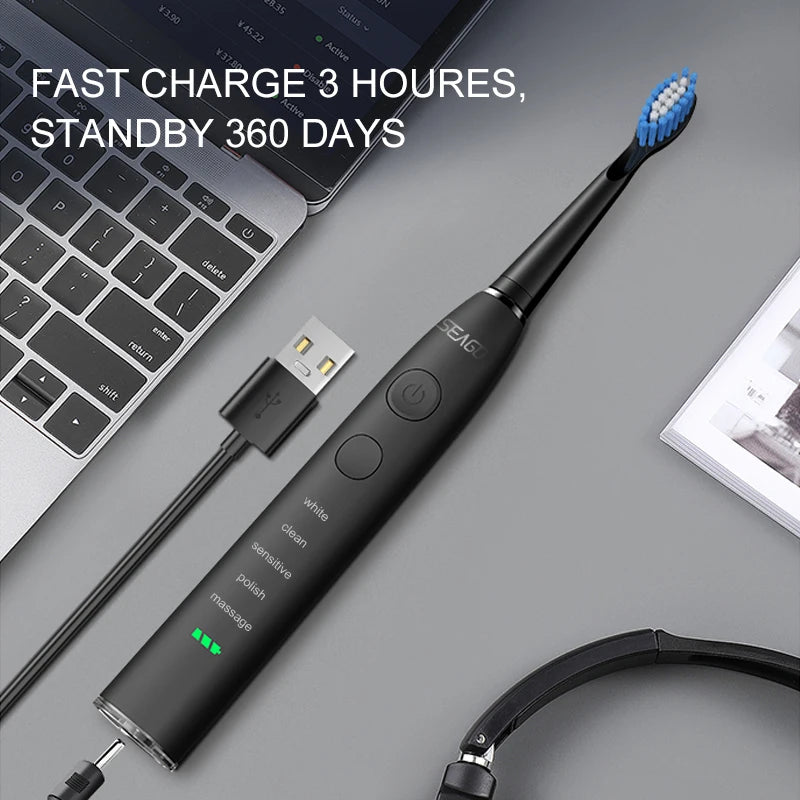 Seago Electric Toothbrush USB Rechargeable Adult 360 Days Long Battery Life IPX7 4 Replacement Heads Travel Box  SG-575