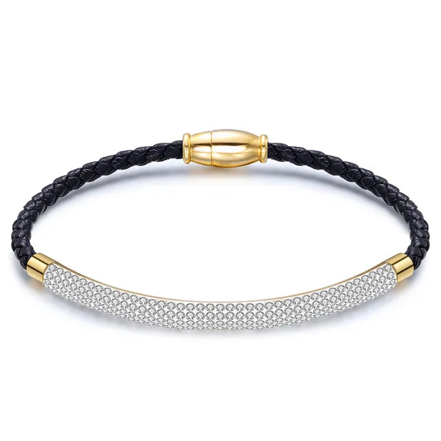 Leather Rope Stainless Steel Magnet Clasp Charm Bracelet Gold Silver