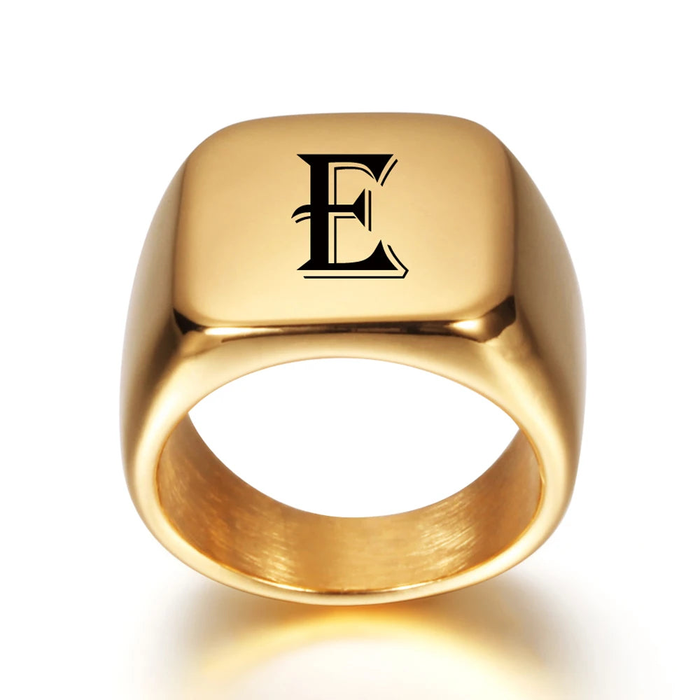 Personalised 18k Gold Style Initial Stainless Steel Signet Ring
