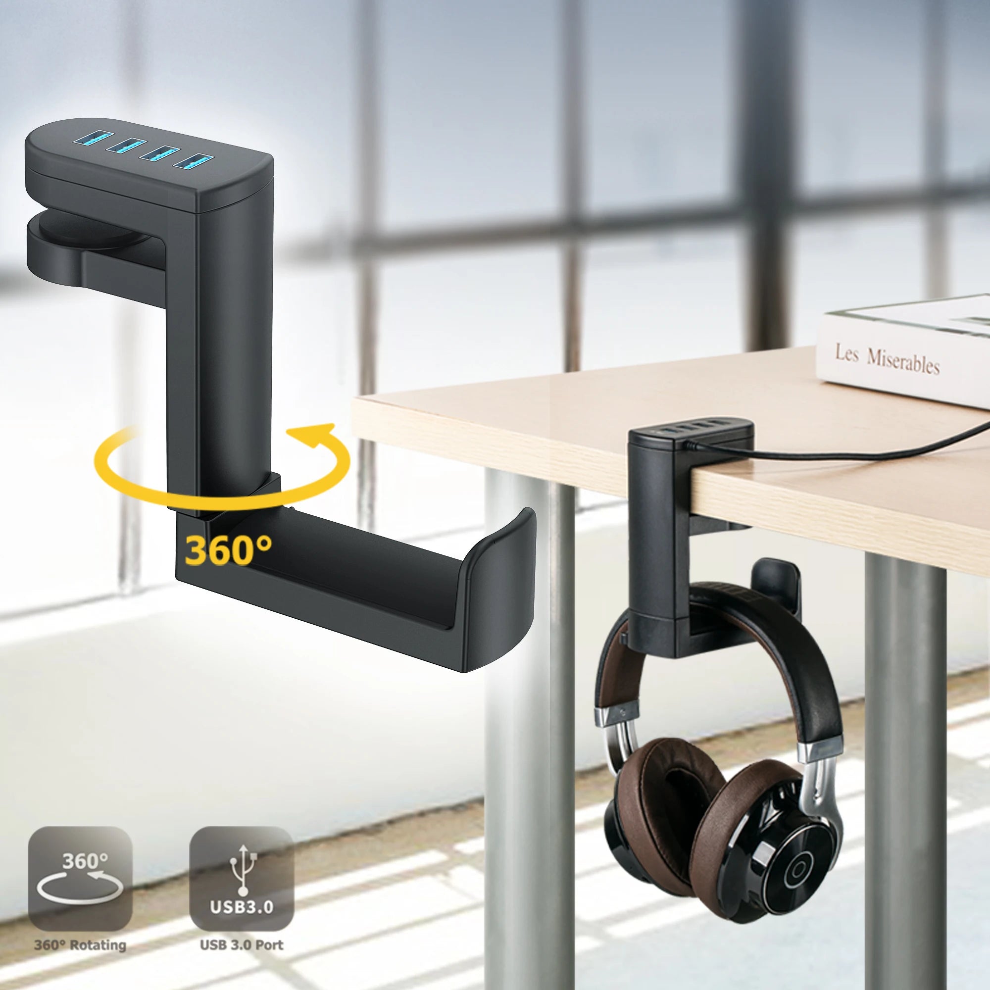 Headphone Bracket Swivel Mounted PC Gaming Headset Stand Holder Under Desk Hanger Hook Earphones Display Stand With USB Ports