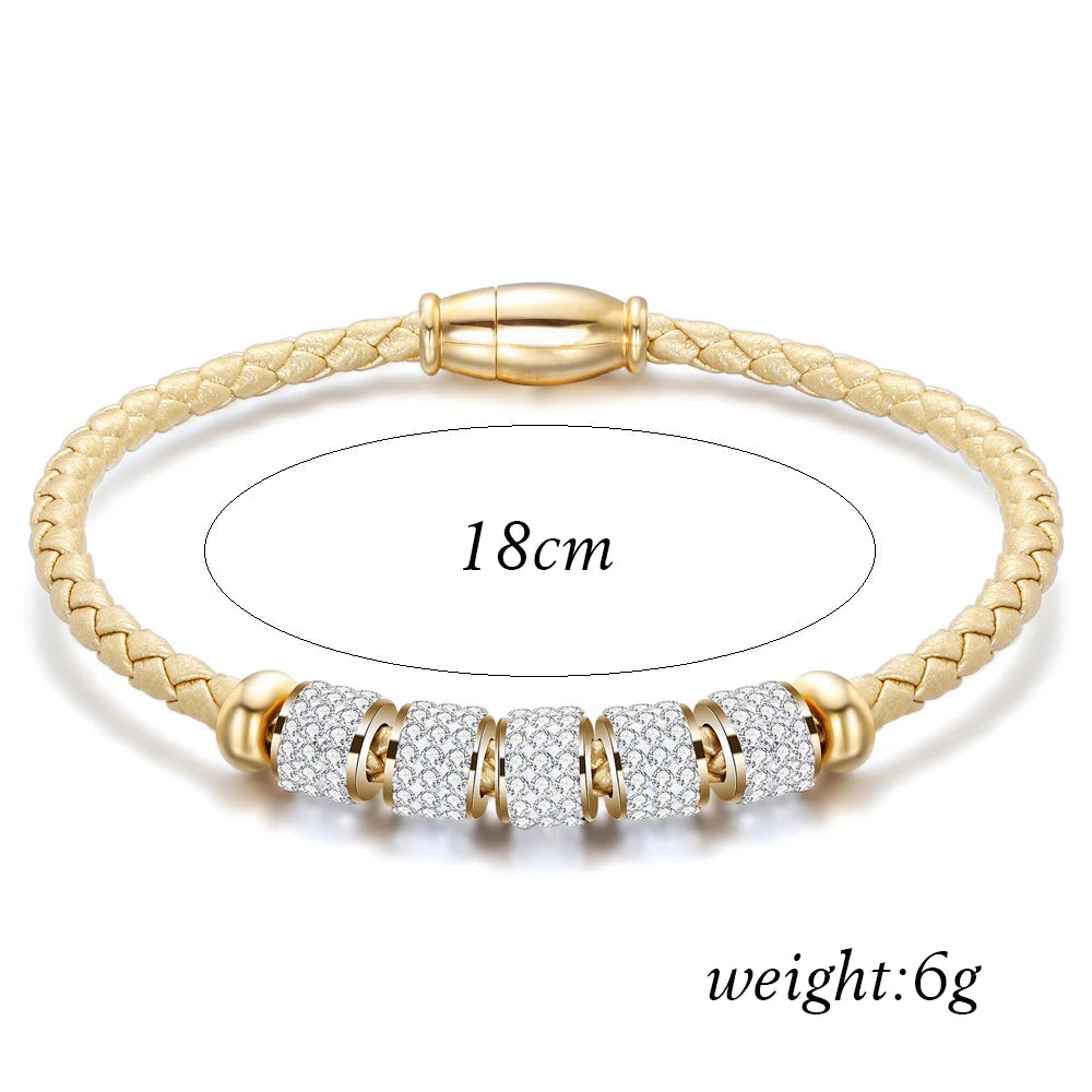Leather Rope Stainless Steel Magnet Clasp Charm Bracelet Gold Silver