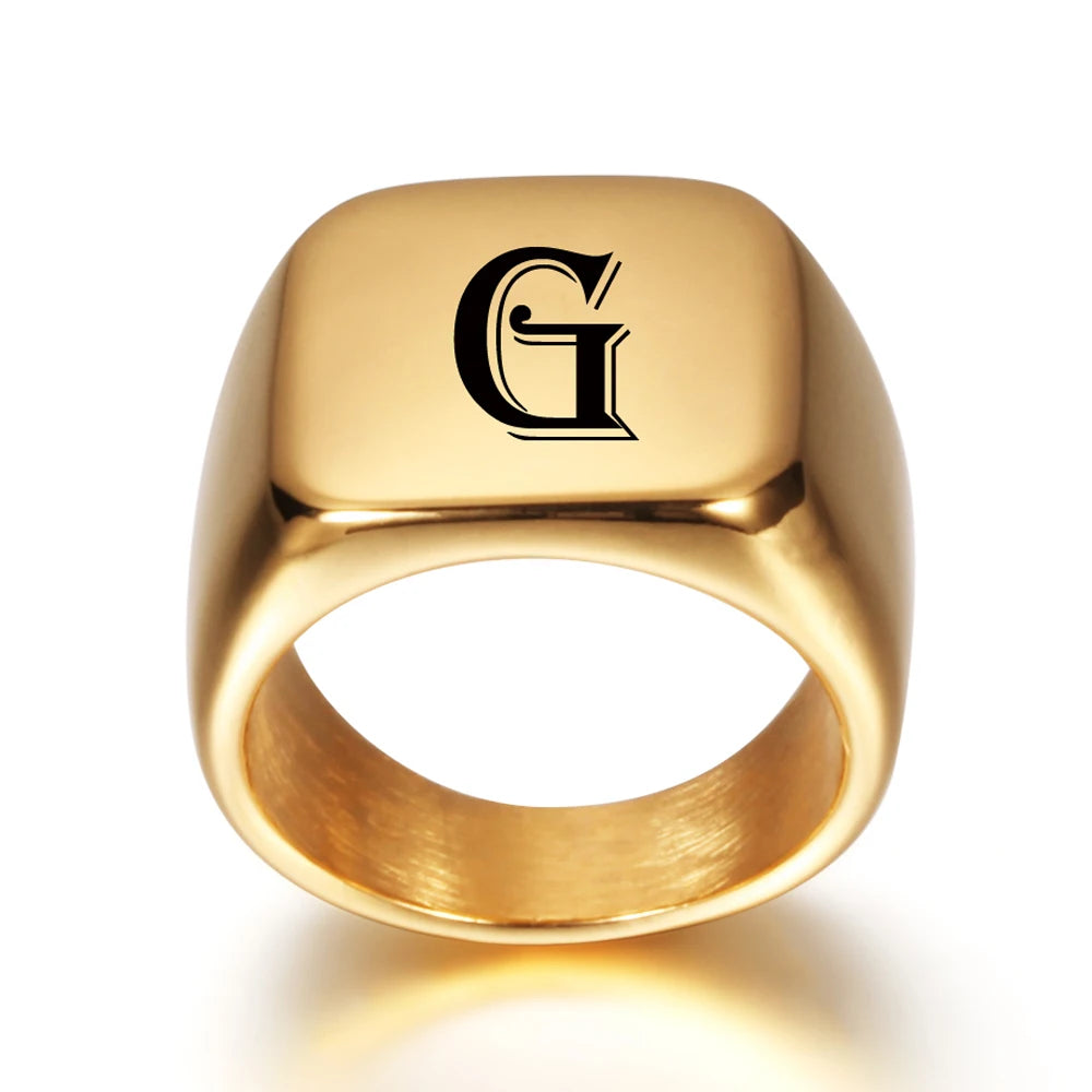 Personalised 18k Gold Style Initial Stainless Steel Signet Ring