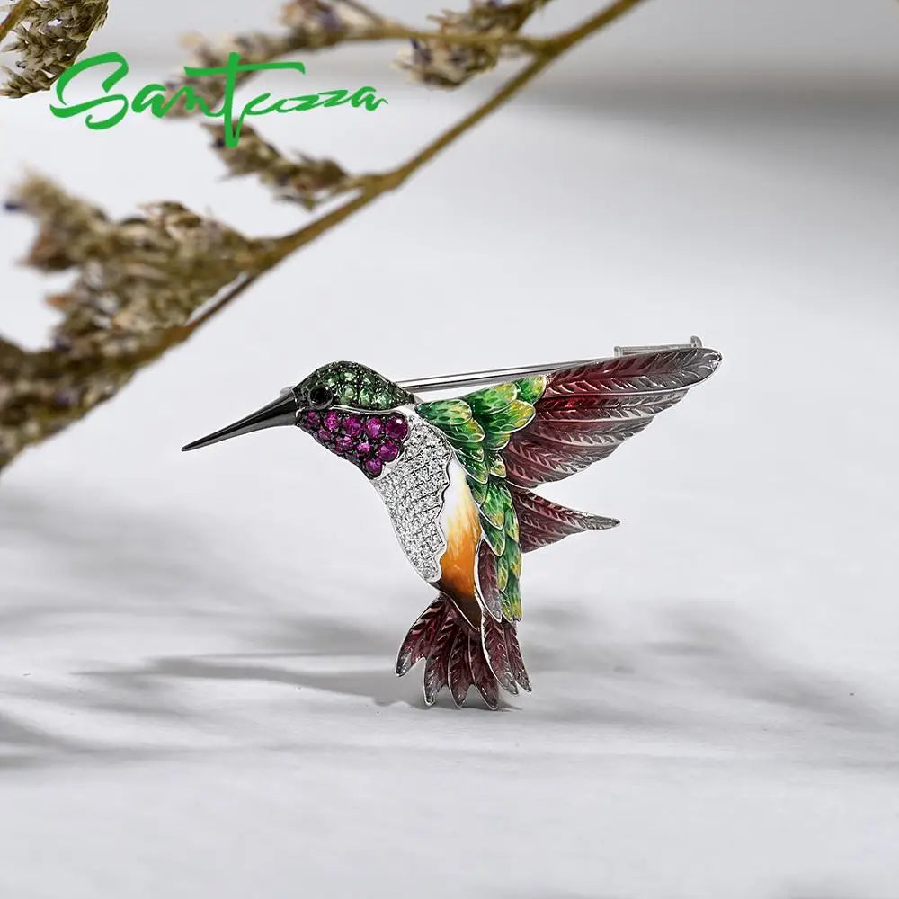 925 Sterling Silver Enamel Hummingbird Brooch