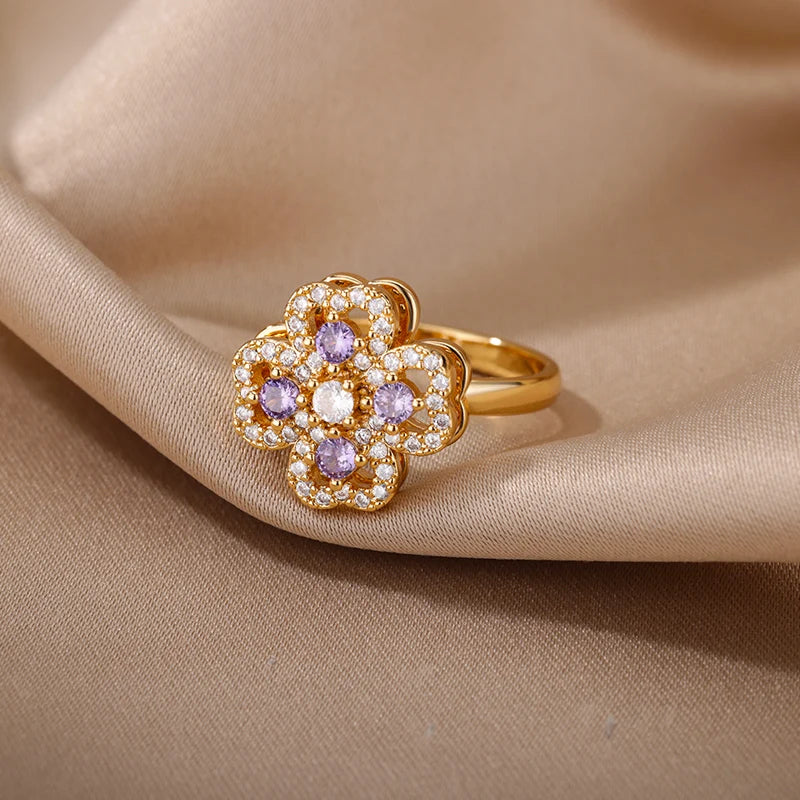 18K Gold Zircon Heart Clover Spinner Anxiety Ring