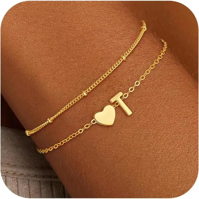 18k Gold-Style Plated Stainless Steel Heart Initial Charm Bracelet