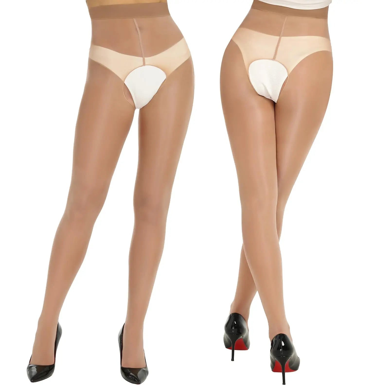 2 Pairs Glossy Oil Shimmer High-Waist Open Crotch Pantyhose